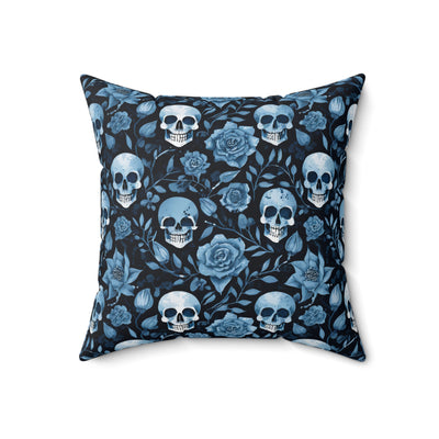 Faux Suede Blue Skull and Flowers Pattern Square Pillow