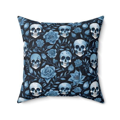 Faux Suede Blue Skull and Flowers Pattern Square Pillow