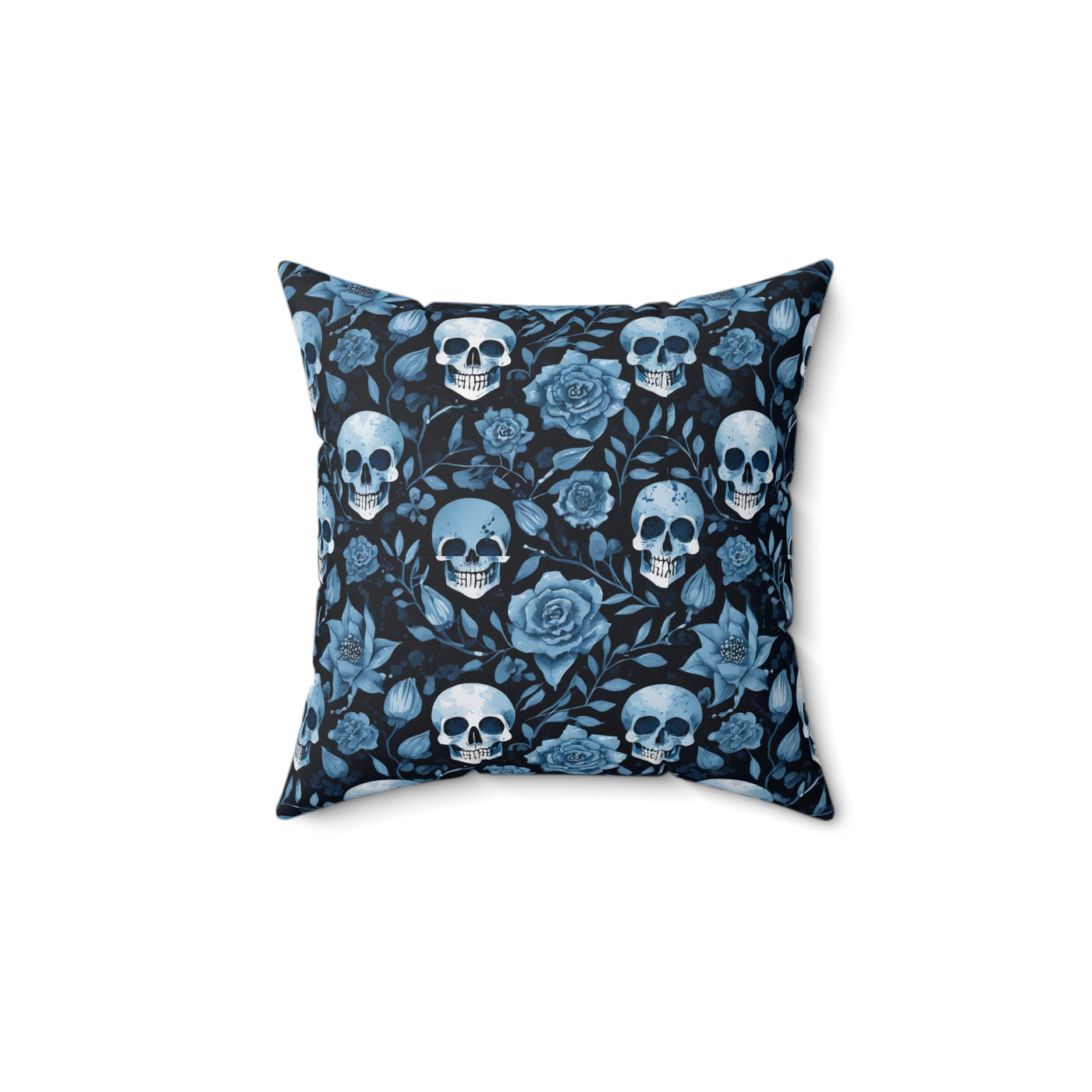 Faux Suede Blue Skull and Flowers Pattern Square Pillow