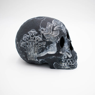 Egyptian Hieroglyphic Black Skull Sculpture