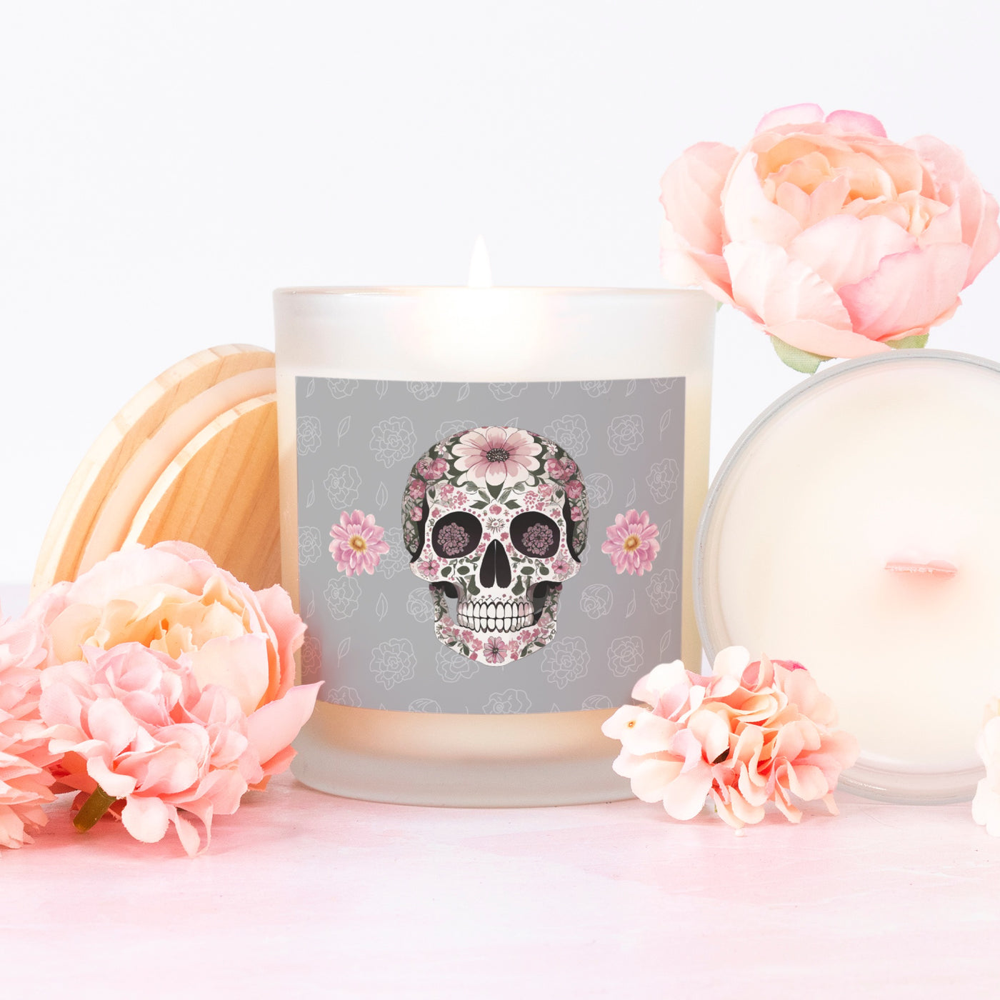 Pink Floral Skull Pink Wooden Wick Candle Frosted Glass ( Limited Edition)