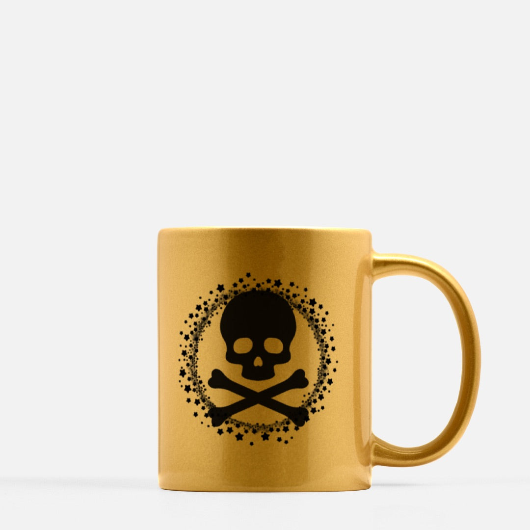 gold skull and crossbones coffee mug