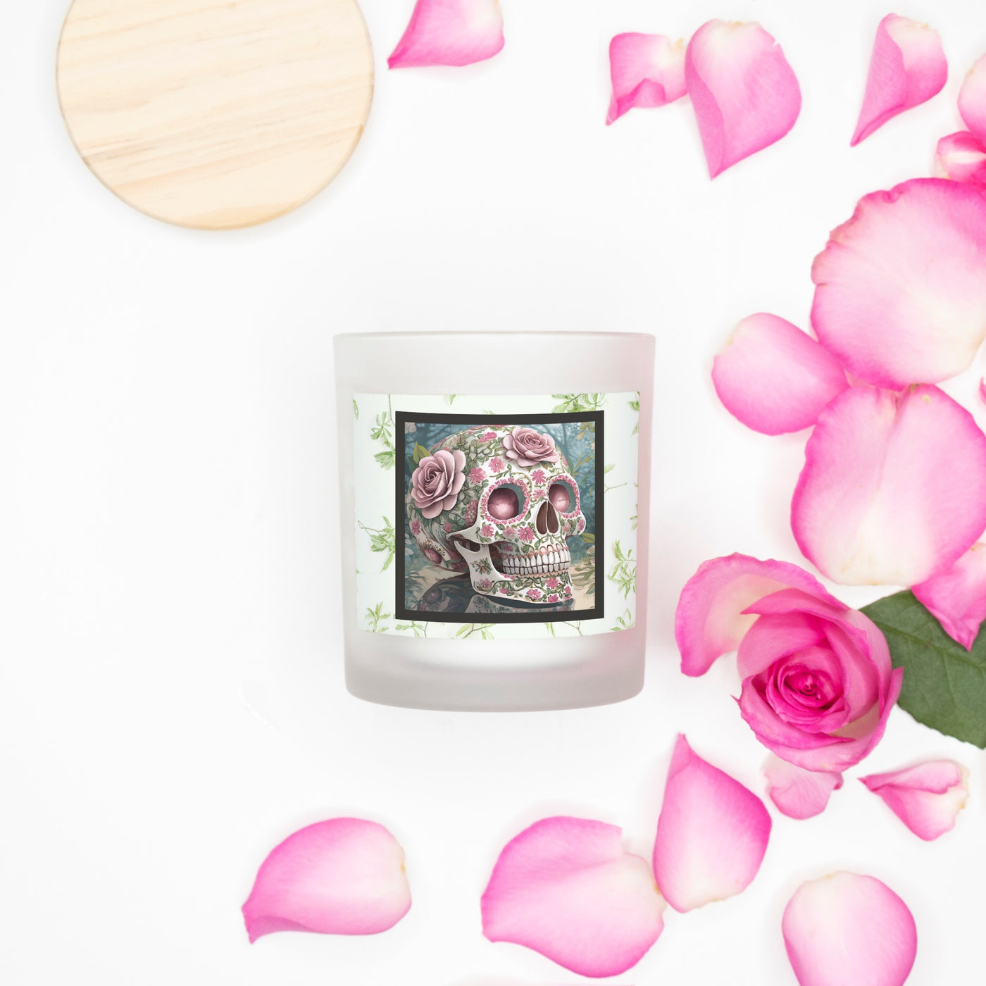 Pink Floral Sugar Skull Frosted Glass PInk Wooden Wick Candle
