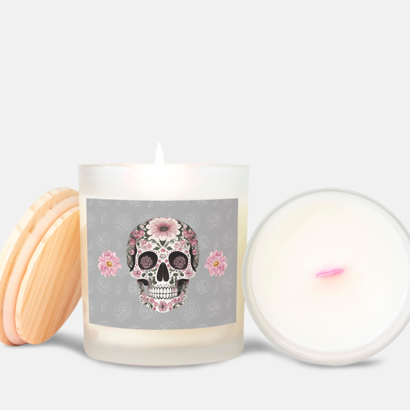 Pink Floral Skull Pink Wooden Wick Candle Frosted Glass ( Limited Edition)