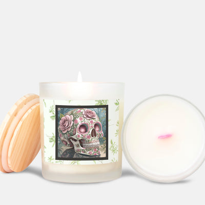 Pink Floral Sugar Skull Frosted Glass PInk Wooden Wick Candle