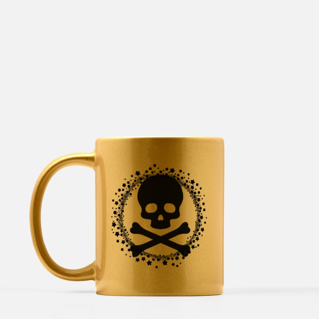 gold skull and crossbones coffee mug