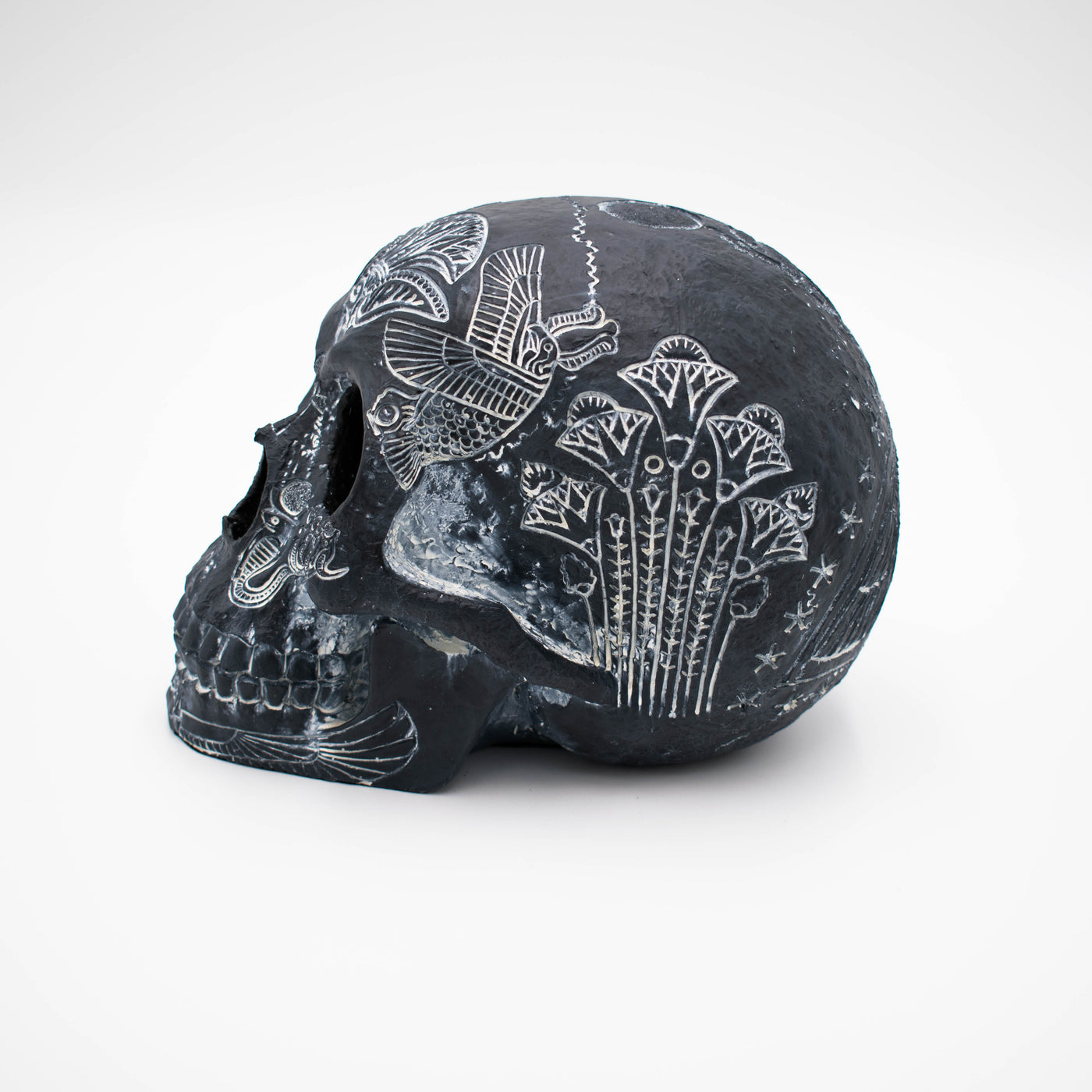 Egyptian Hieroglyphic Black Skull Sculpture