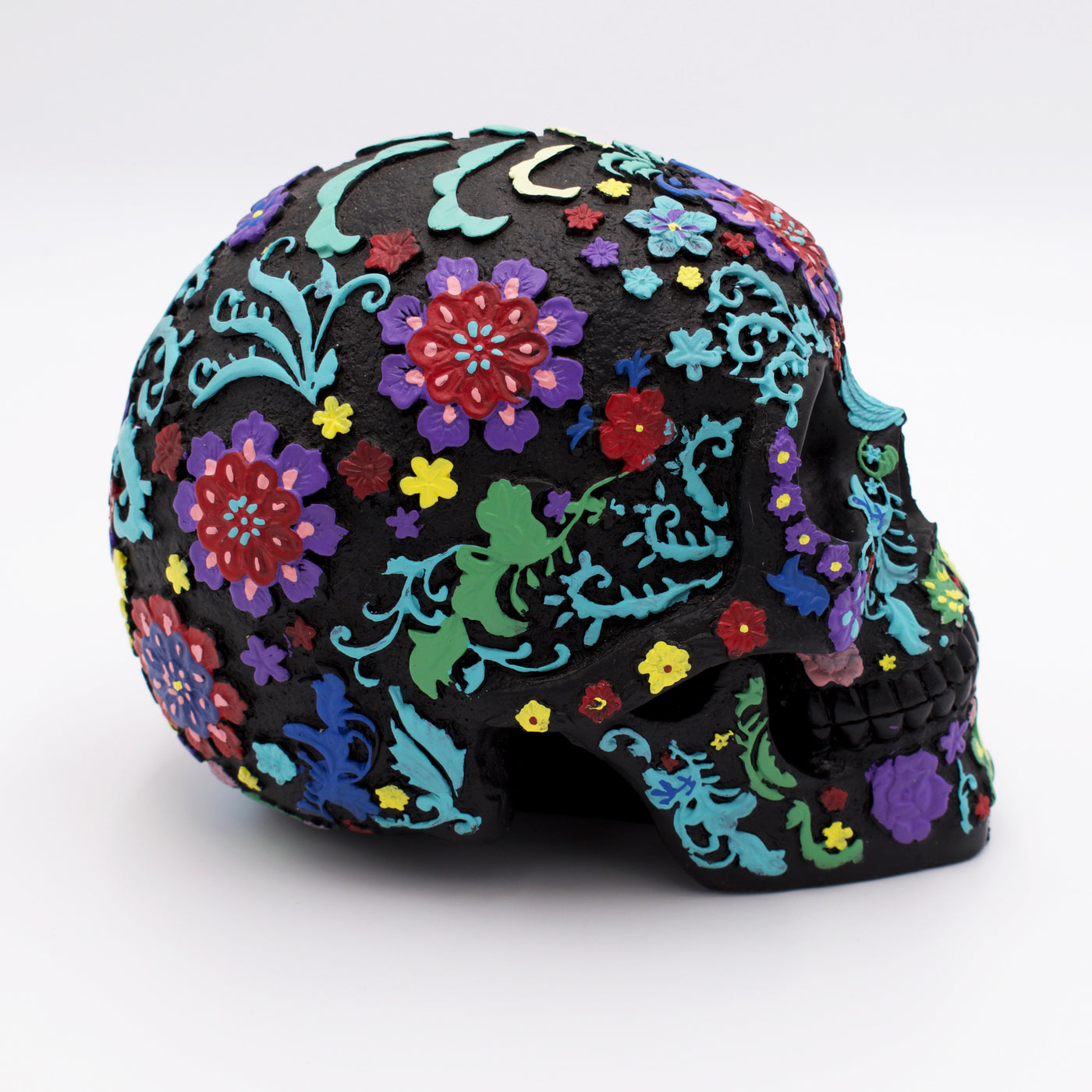 Colorful Floral Design Skull Sculpture
