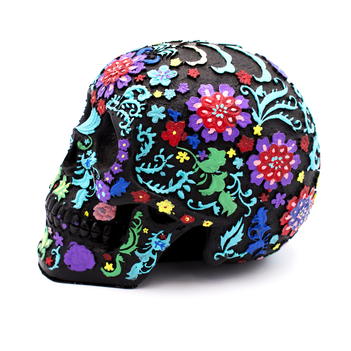 Colorful Floral Design Skull Sculpture
