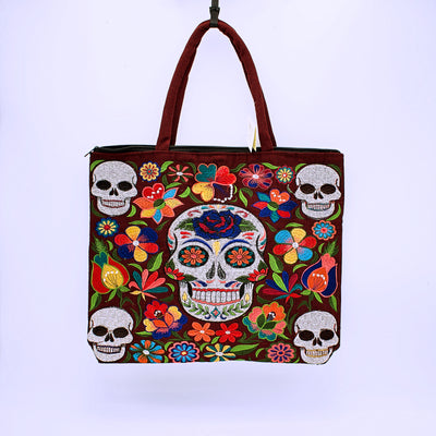 Embroidered Sugar Skull Zippered Cotton Tote Bag - The Cranio Collections