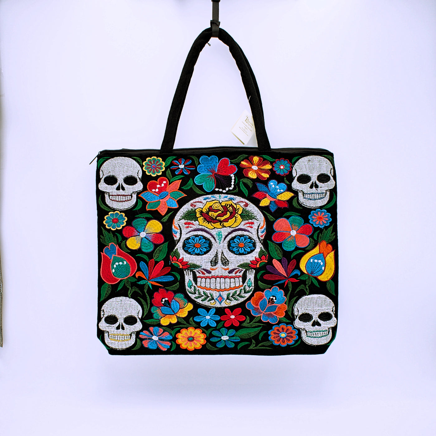 Embroidered Sugar Skull Zippered Cotton Tote Bag - The Cranio Collections