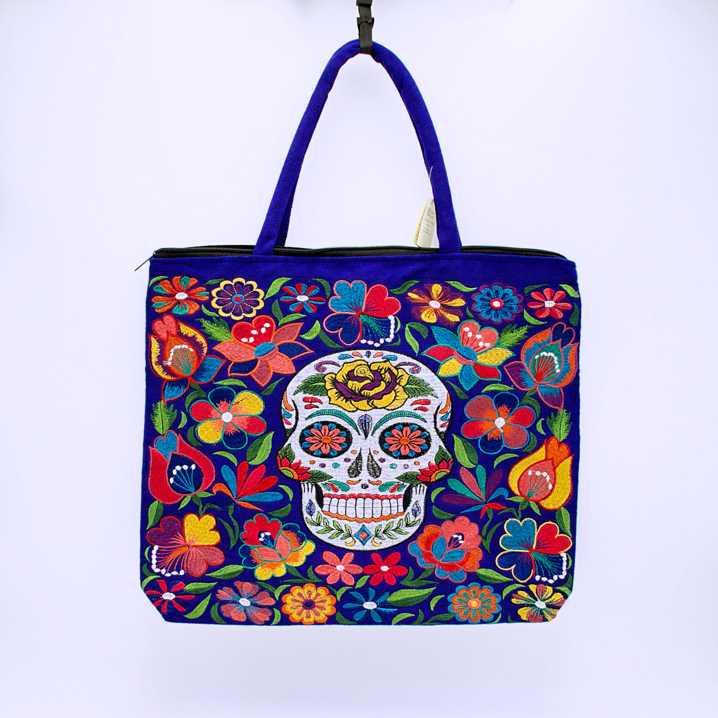 Embroidered Sugar Skull Zippered Cotton Tote Bag - The Cranio Collections