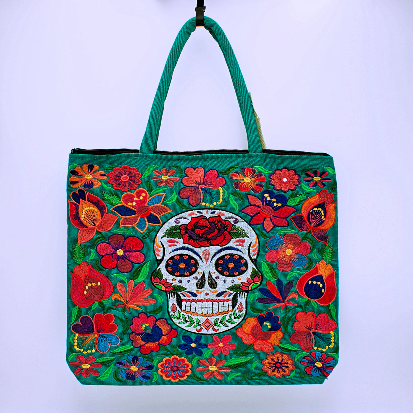 Embroidered Sugar Skull Zippered Cotton Tote Bag - The Cranio Collections