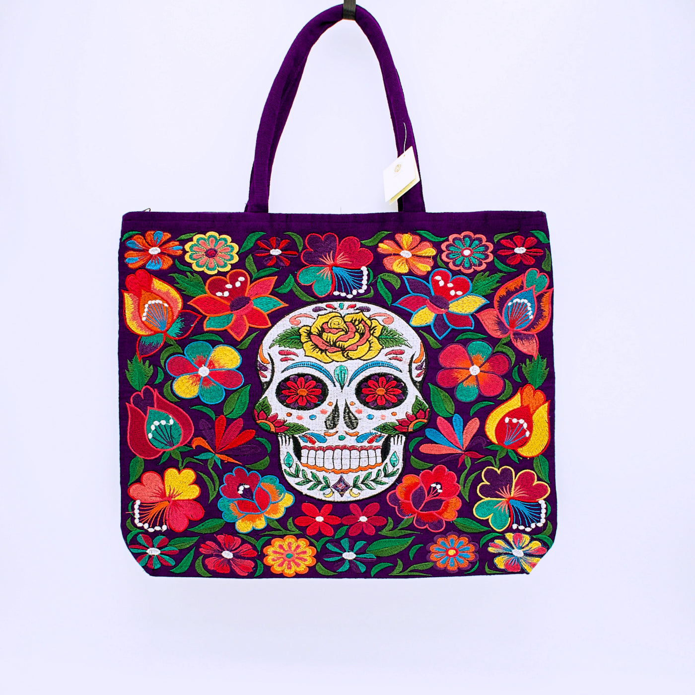 Embroidered Sugar Skull Zippered Cotton Tote Bag - The Cranio Collections