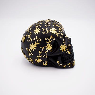 Floral Black and Gold Skull Sculpture - The Cranio Collections