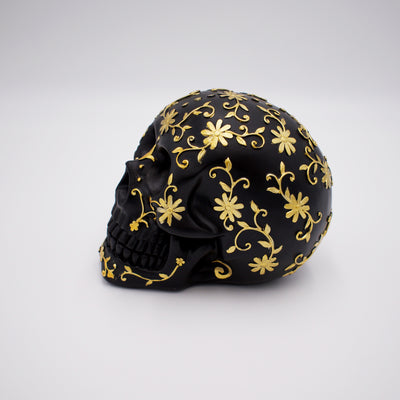 Floral Black and Gold Skull Sculpture - The Cranio Collections