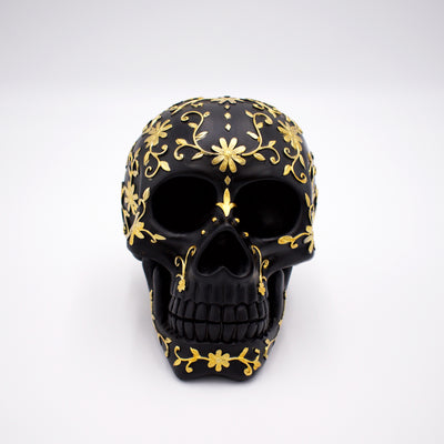 Floral Black and Gold Skull Sculpture - The Cranio Collections