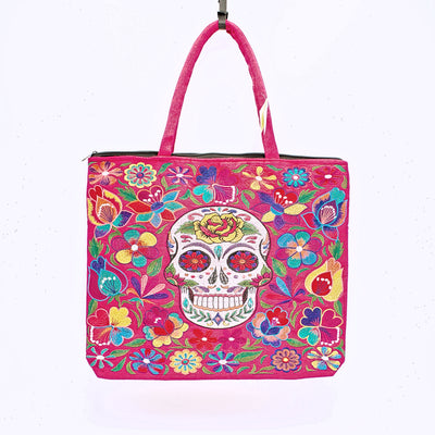 Embroidered Sugar Skull Zippered Cotton Tote Bag - The Cranio Collections