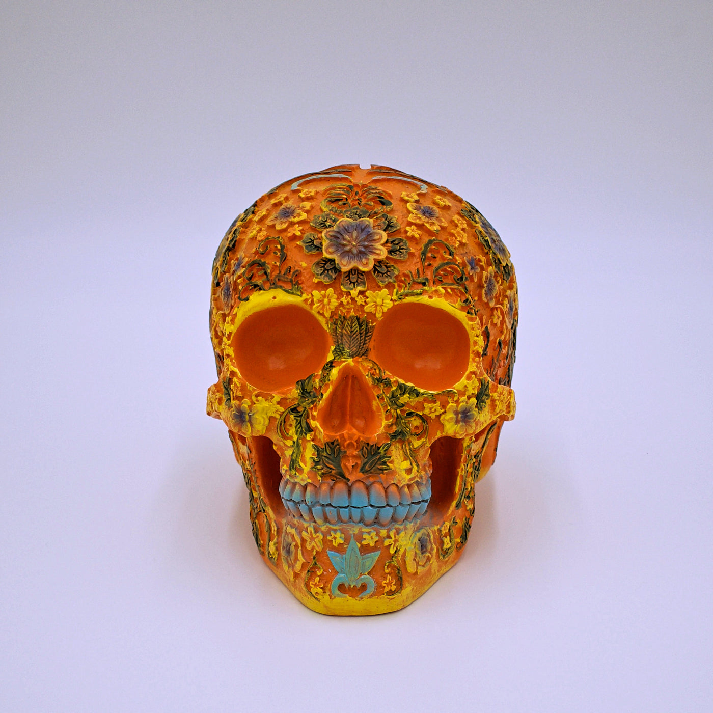 Orange Floral Sugar Skull Sculpture - The Cranio Collections