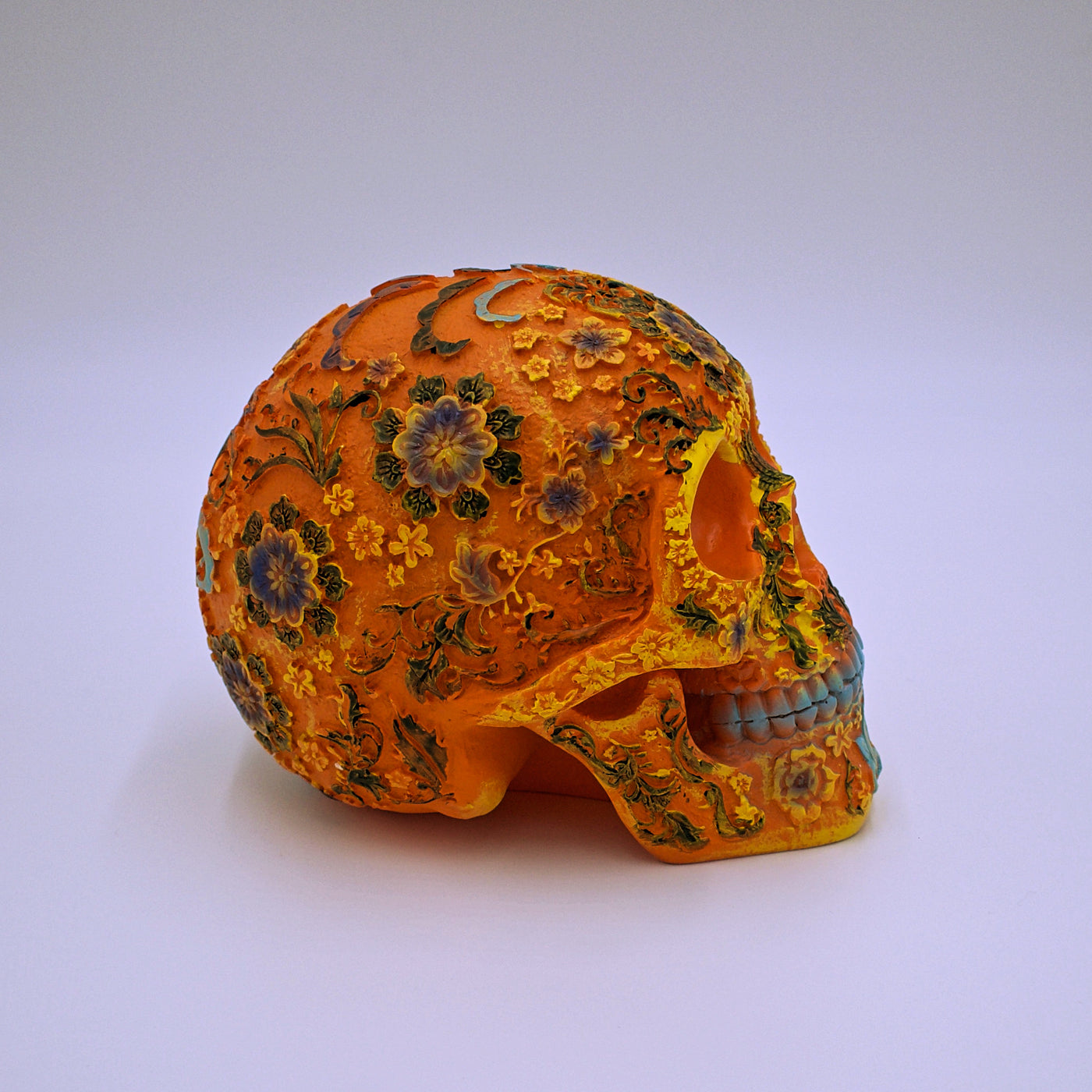 Orange Floral Sugar Skull Sculpture - The Cranio Collections