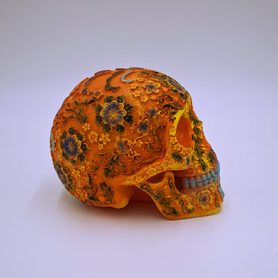 Orange Floral Sugar Skull Sculpture - The Cranio Collections