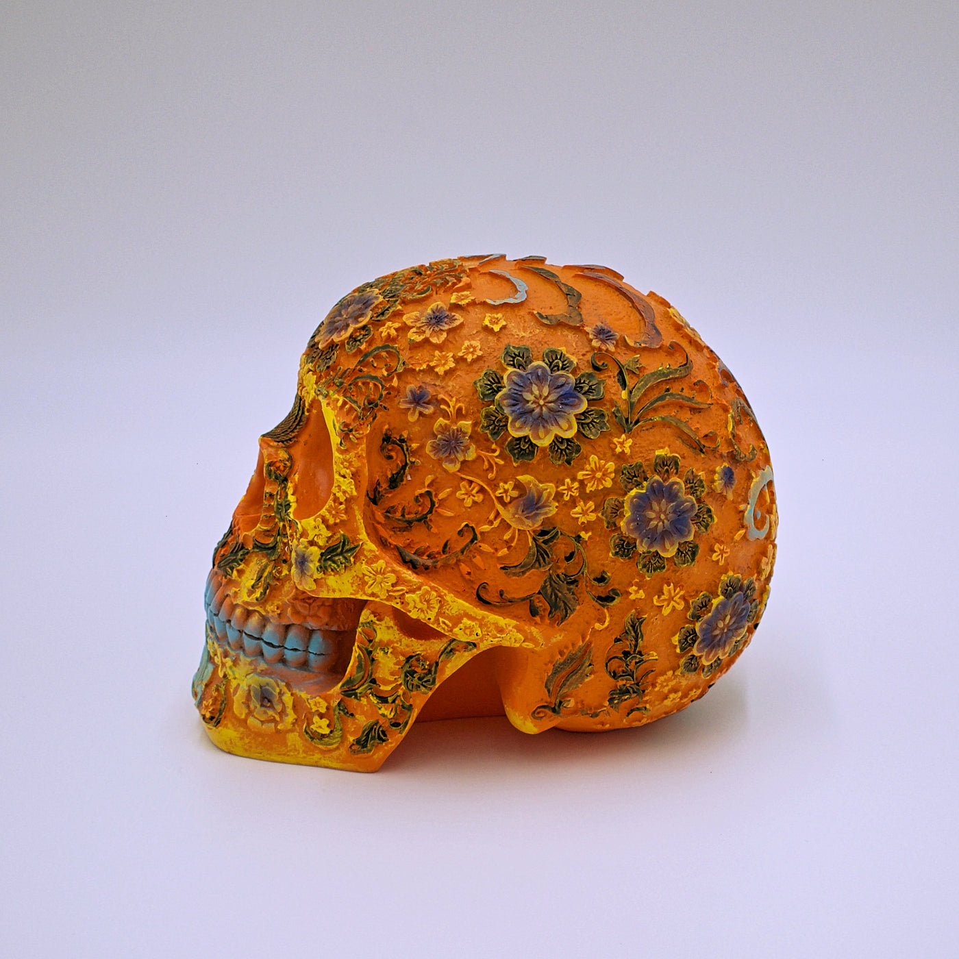 Orange Floral Sugar Skull Sculpture - The Cranio Collections