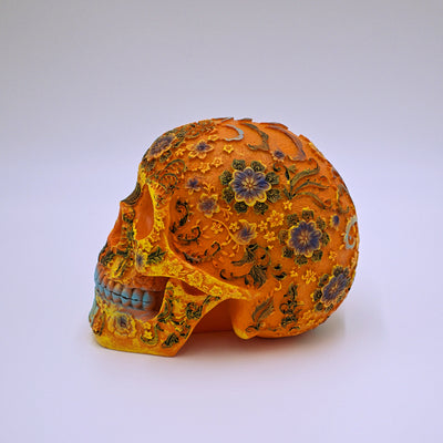 Orange Floral Sugar Skull Sculpture - The Cranio Collections