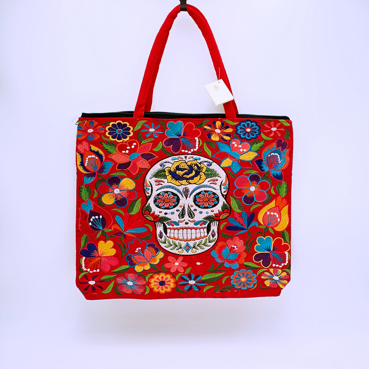 Embroidered Sugar Skull Zippered Cotton Tote Bag - The Cranio Collections