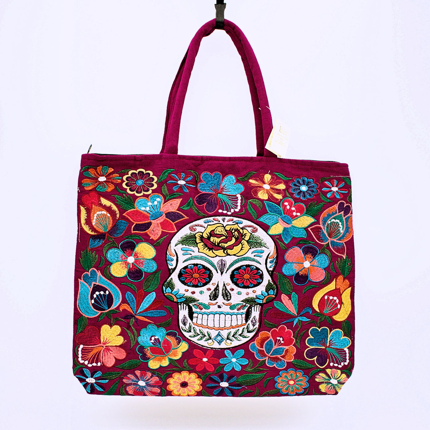 Embroidered Sugar Skull Zippered Cotton Tote Bag - The Cranio Collections